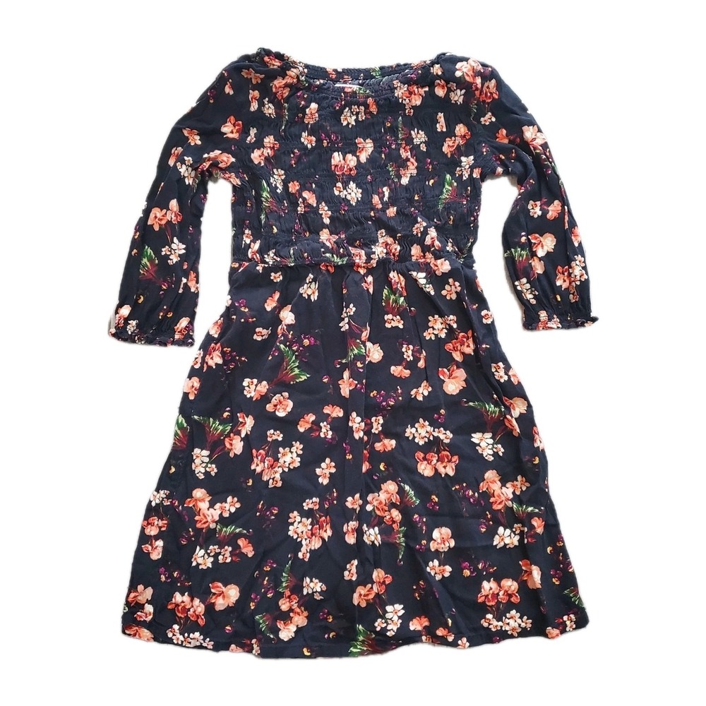 Old Navy Girls XL 14/16 Black Floral Smocked Long Sleeve Dress Ruched Cottage